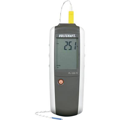Digitalttermometer med stor display som visar '25,1°C'. Gul sensor överst, grått hölje, märkt 'VOLTCRAFT'.