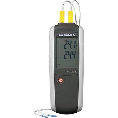 Digitalt termometer med två gula sonder överst. Display visar '24,1°C' och '24,4°C'. Märke Voltcraft, modell PL-120-T2.