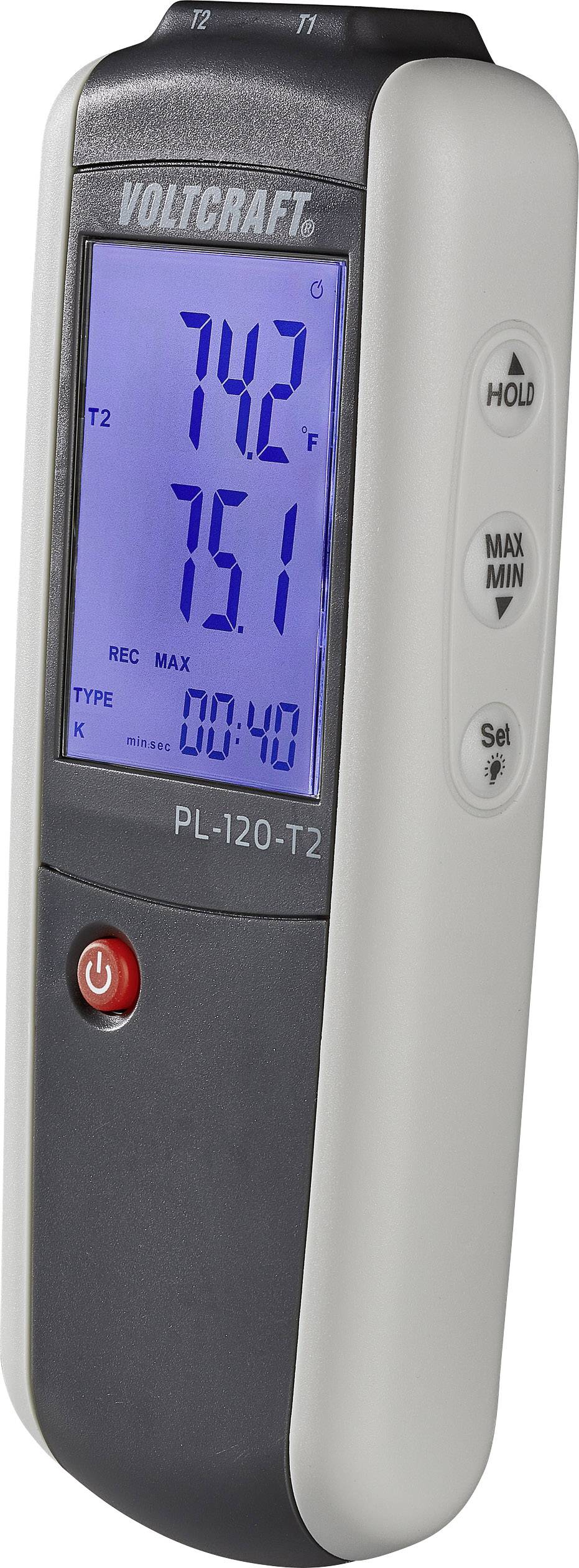 Ett digitalt termometer visar 74,2°F och 75,1°F på en blått belyst display. Knappar för 'Hold', 'Max/Min' och 'Set'.