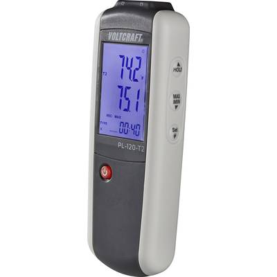 Ett digitalt termometer visar 74,2°F och 75,1°F på en blått belyst display. Knappar för 'Hold', 'Max/Min' och 'Set'.