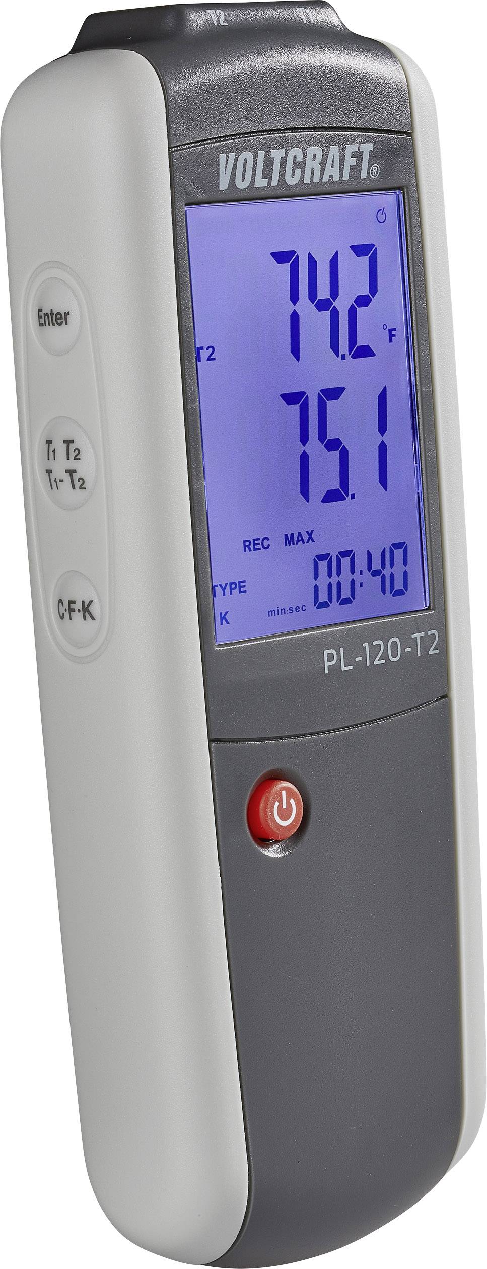 Handhållen temperaturmätare som visar 74,2 °F och 75,1 °F. Märke: Voltcraft, Modell: PL-120-T2. Röd påslagningsknapp, blå display.