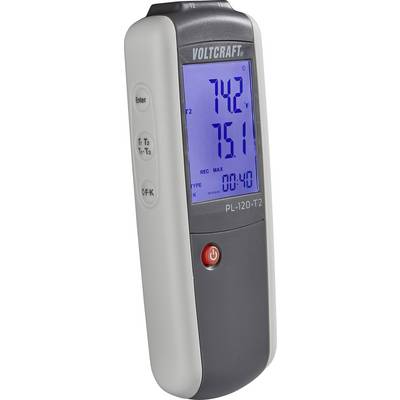Handhållen temperaturmätare som visar 74,2 °F och 75,1 °F. Märke: Voltcraft, Modell: PL-120-T2. Röd påslagningsknapp, blå display.