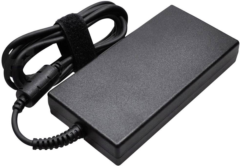 Svart laptopladdare med anslutet kabel.