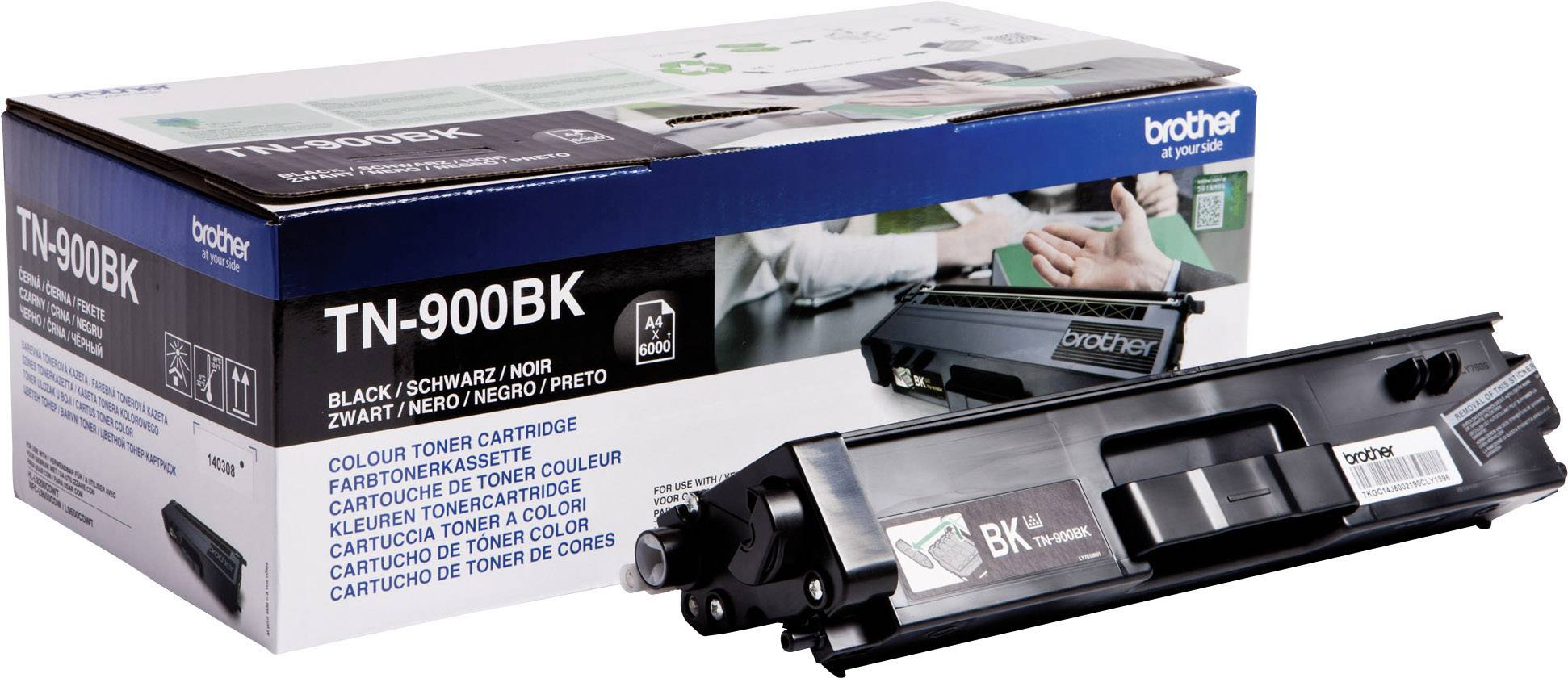 Brother TN-900BK tonerpatron och förpackning, svart. Lämplig för färgskrivare, erbjuder hög utskriftskapacitet och bildkvalitet.