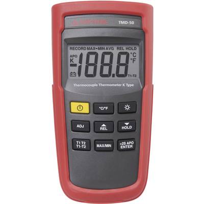 Digitalt termoelement-termometer med rött hölje, visar 188,0 grader. Det har flera svarta knappar för styrning.