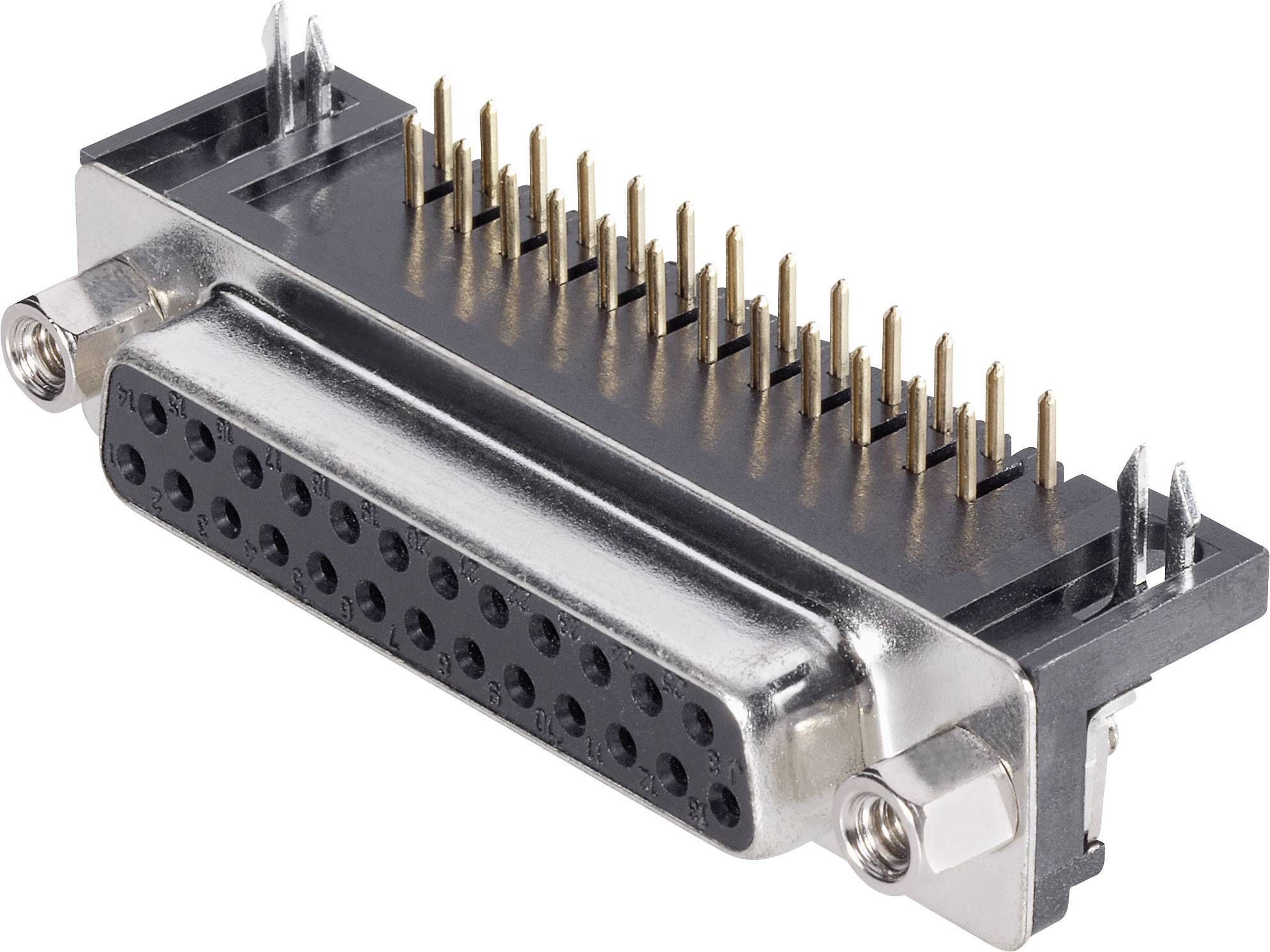 D-Sub-kontakt med metallhölje, två rader metallstift överst och plastuttag nedtill. Lämplig för elektroniska anslutningar.