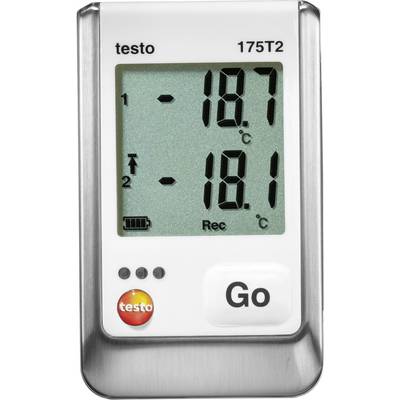 Temperaturdatalogger med digitalvisning, visar två temperaturer: '-18,7°C' och '-18,1°C'. Kontrollpanel nedtill med 'Go'-knapp.