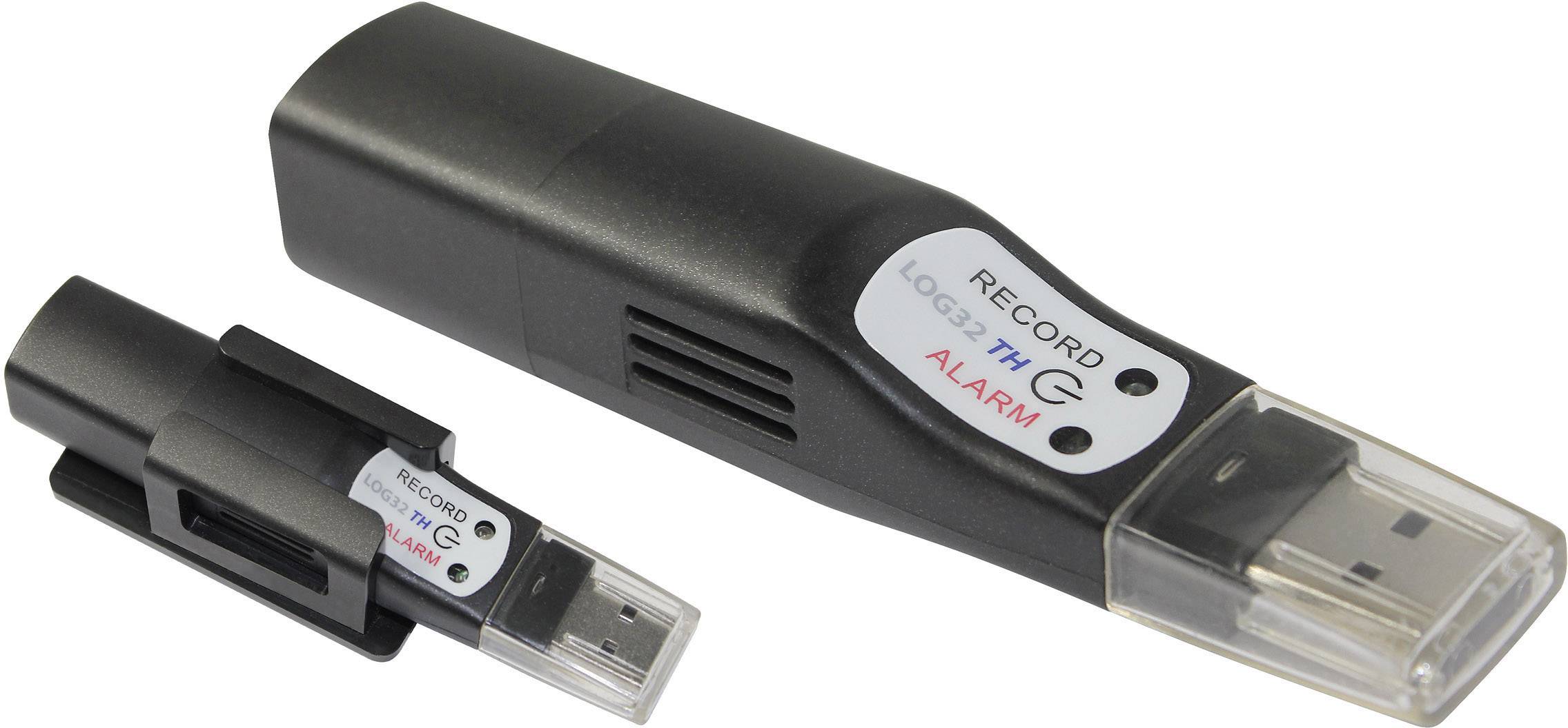 Två USB-stickor med temperatuermätningsfunktion; en med lock, en utan. Klistermärket visar 'LOG 32 TH' och 'RECORD ALARM'.