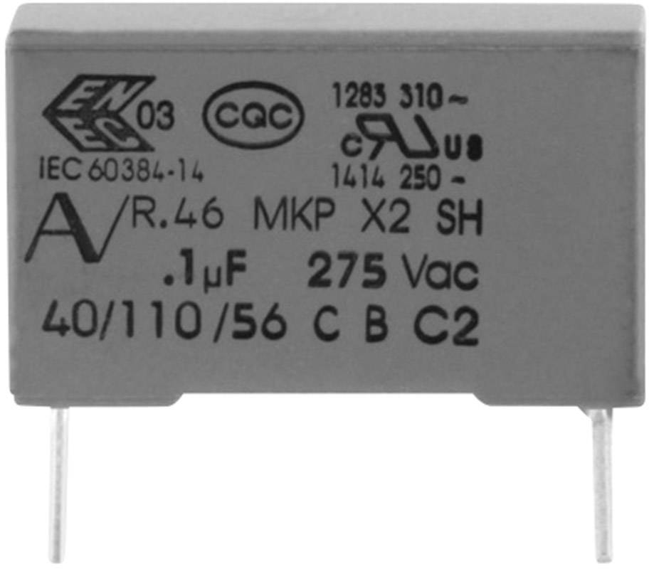 En rektangulär kondensator märkt 'MKP X2 SH, 0,1 µF, 275 Vac', med testmärke och tekniska specifikationer.