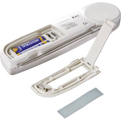 Ett öppet batterifack med synligt batteri, lock och tejpremsa bredvid, sannolikt från en elektronisk enhet.