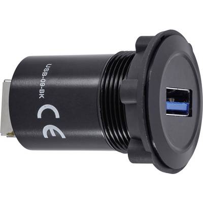 En svart USB-anslutning för montering i en enhets frontpanel med CE-märkning och blå inre USB-list.