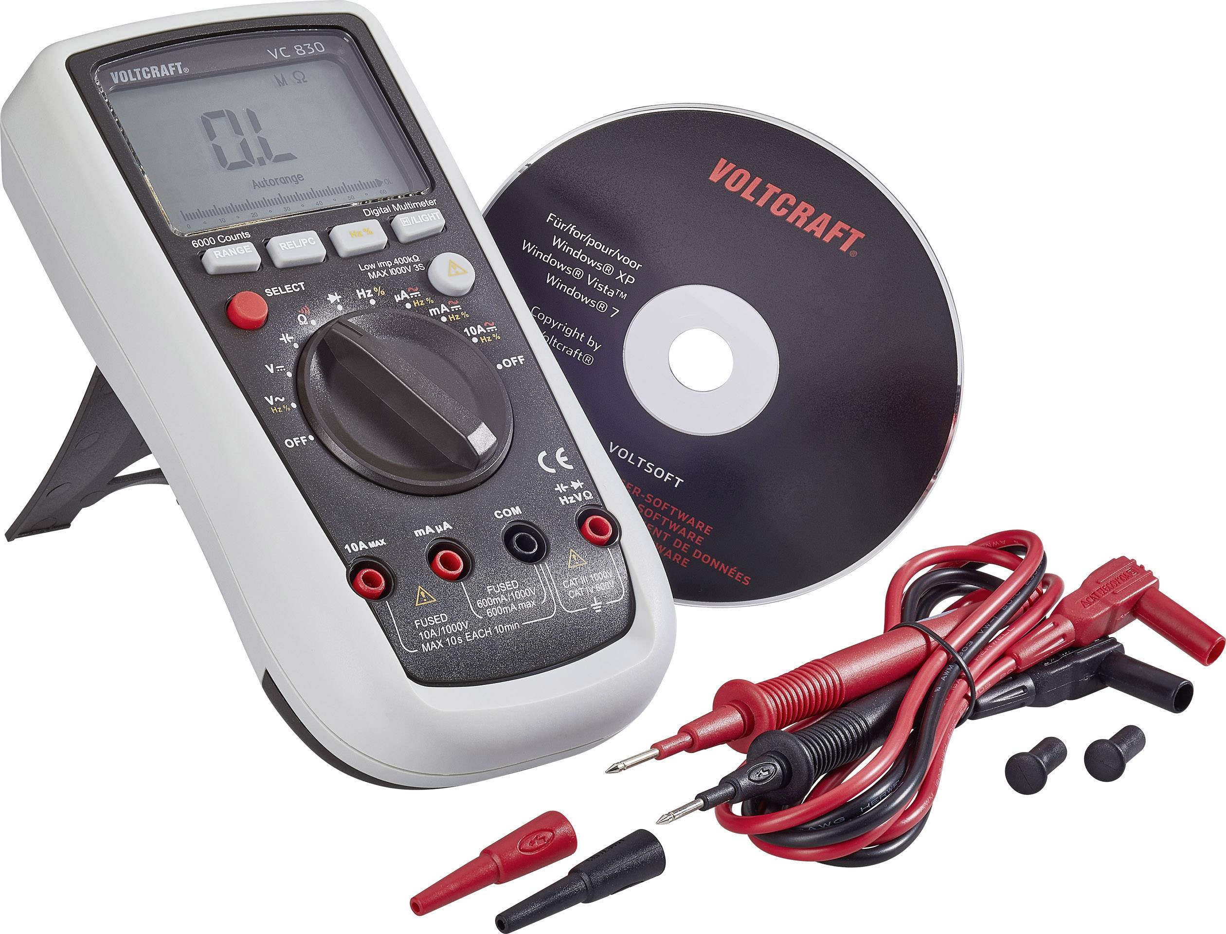 En digital multimeter med tillbehör och en installations-CD visas.