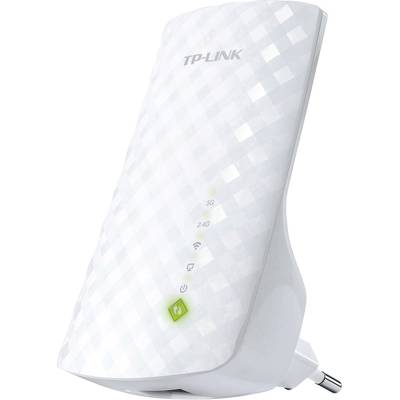 En vit TP-Link WLAN-repeater, ansluten till ett vägguttag. På framsidan lyser olika statuslampor.