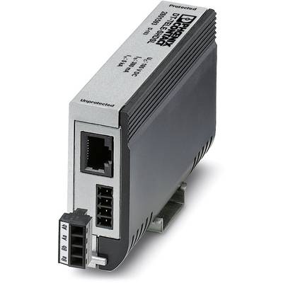 En svart och silver elektrisk enhet med Ethernet-anslutning och flera platser, märkt med 'Skyddad' och 'Oskyddad'.