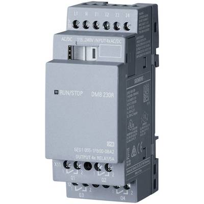 Ett grått Siemens relämodul med 8 ingångar och 4 reläutgångar, lämplig för spänningar från 115-240V AC/DC.