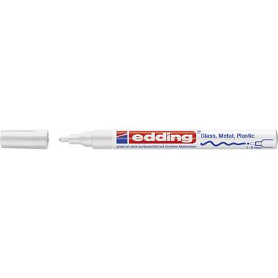 En vit penna från edding, lämplig för glas, metall och plast. Spetsen är rund och drar linjer med en bredd på 1-2 mm.