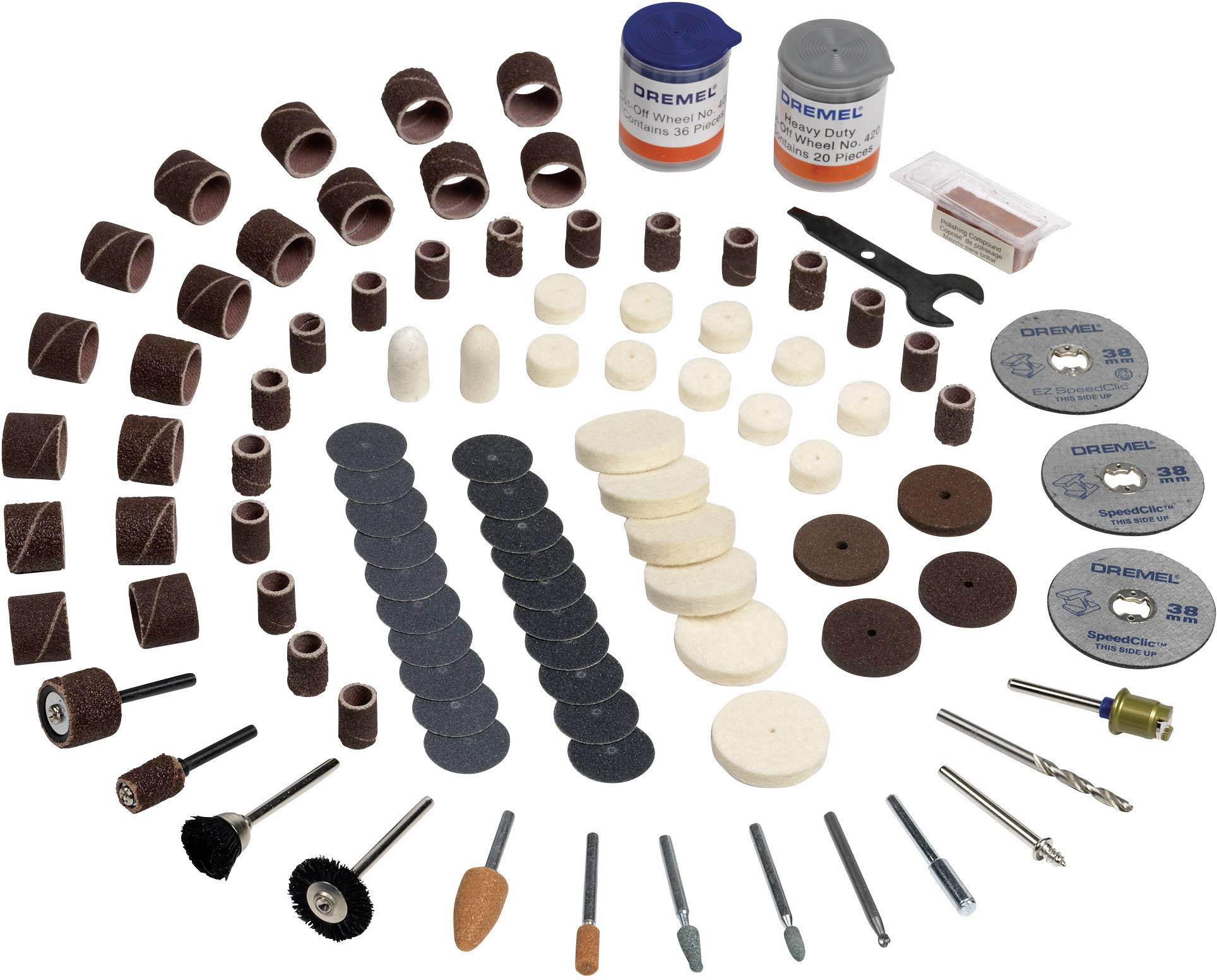 Ett Dremel-tillbehörsset med slipband, polerare, skärskivor, borrar och en spännyckel, för mångsidiga användningsområden.