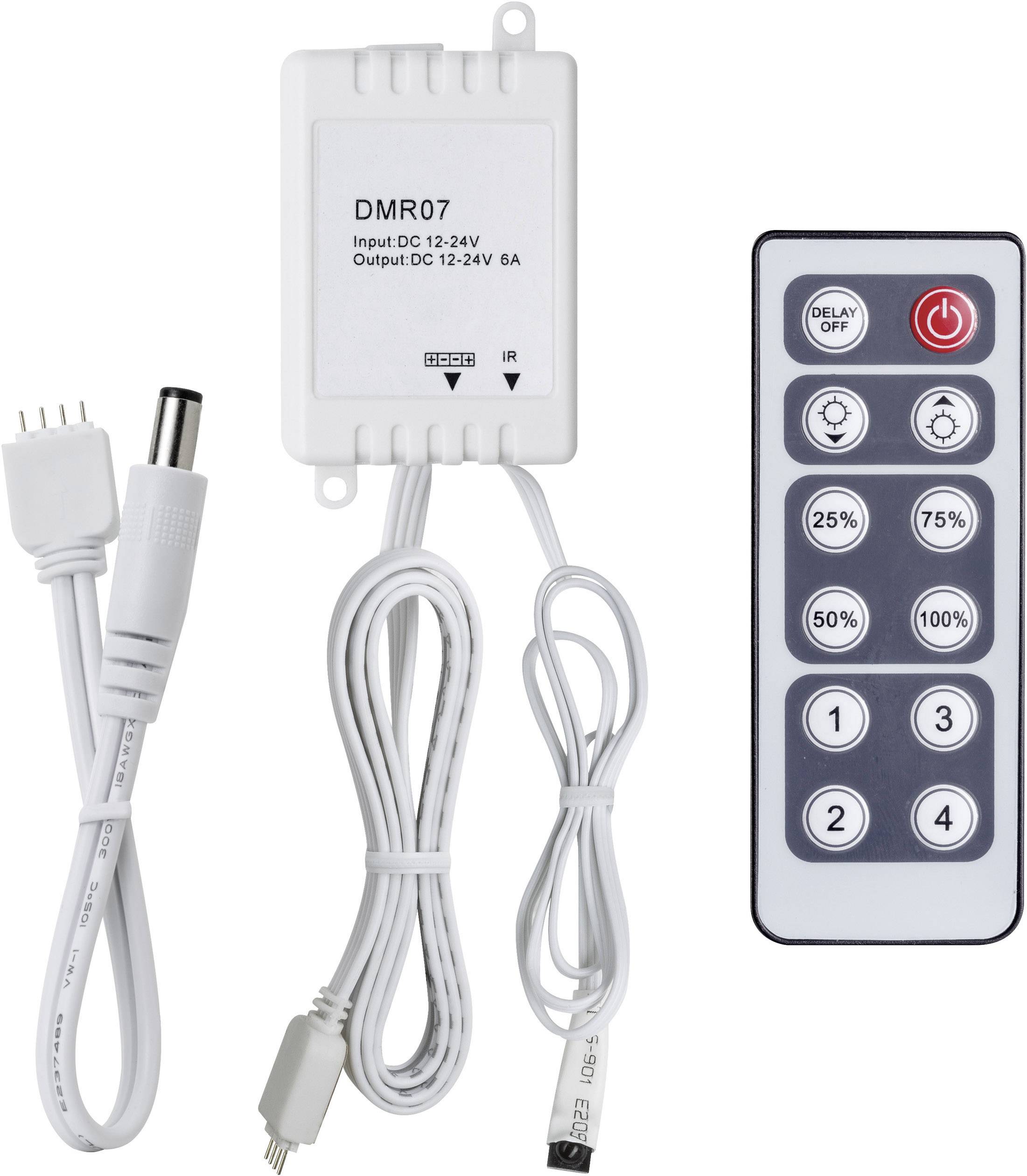 LED-dimmerpaket med fjärrkontroll och kablar. Märkningar: 'DMR07' och 'DELAY OFF', med fem ljusintensitetsnivåer och på/av-knapp.