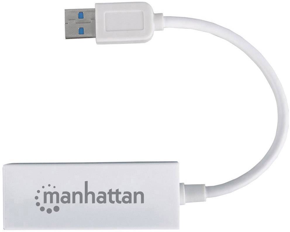 En vit USB 3.0-till-Ethernet-adapter med varumärket 'Manhattan'. Den har en kort kabelanslutning och används för nätverksanslutning.