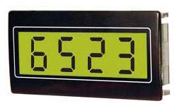 Digital display med siffran '6523' på en lysande gul skärm. Hölje i svart, rektangulärt.