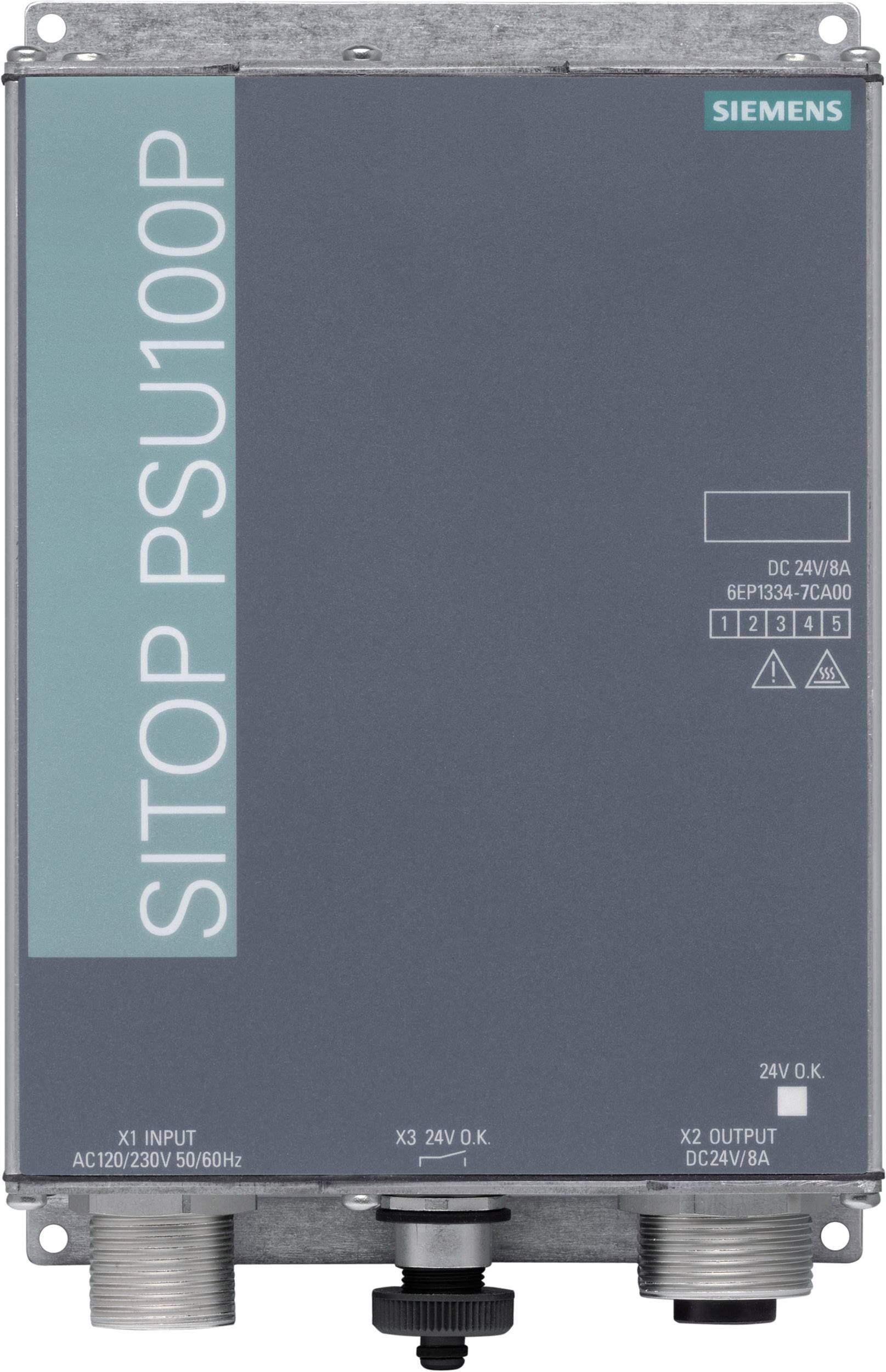 Ett grått Siemens SITOP PSU100P nätaggregat med tekniska specifikationer på framsidan.