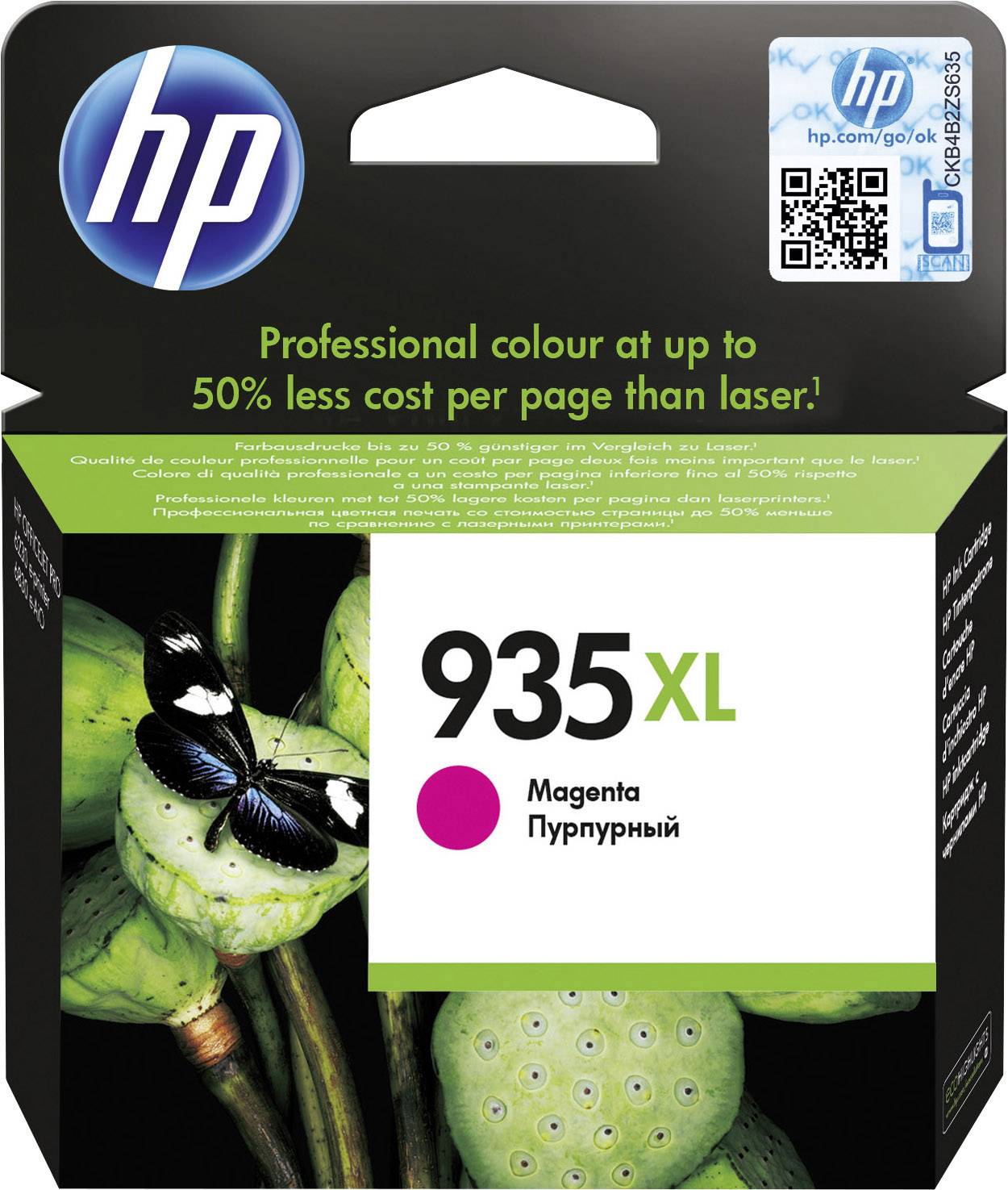 HP-bläckpatron 935XL i magenta. Förpackningen visar en fjäril på en blomma. Text: 'Professionell färg till upp till 50% lägre kostnad per sida jämfört med laser!'