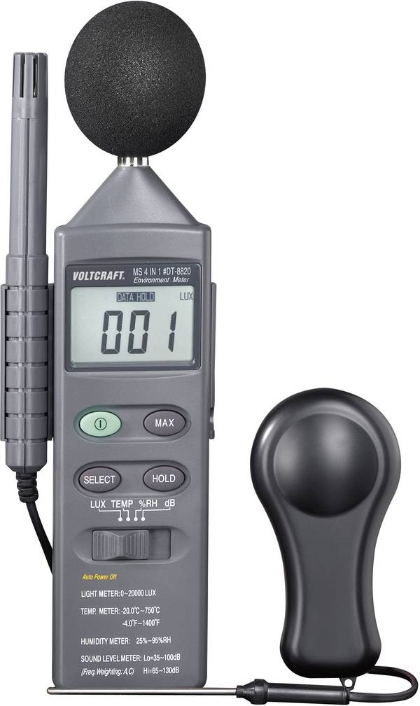 VOLTCRAFT DT 8820 Temperaturmätare -20 - +750 °C Sensortyp K Multifunktions-miljömätare 4-i-1