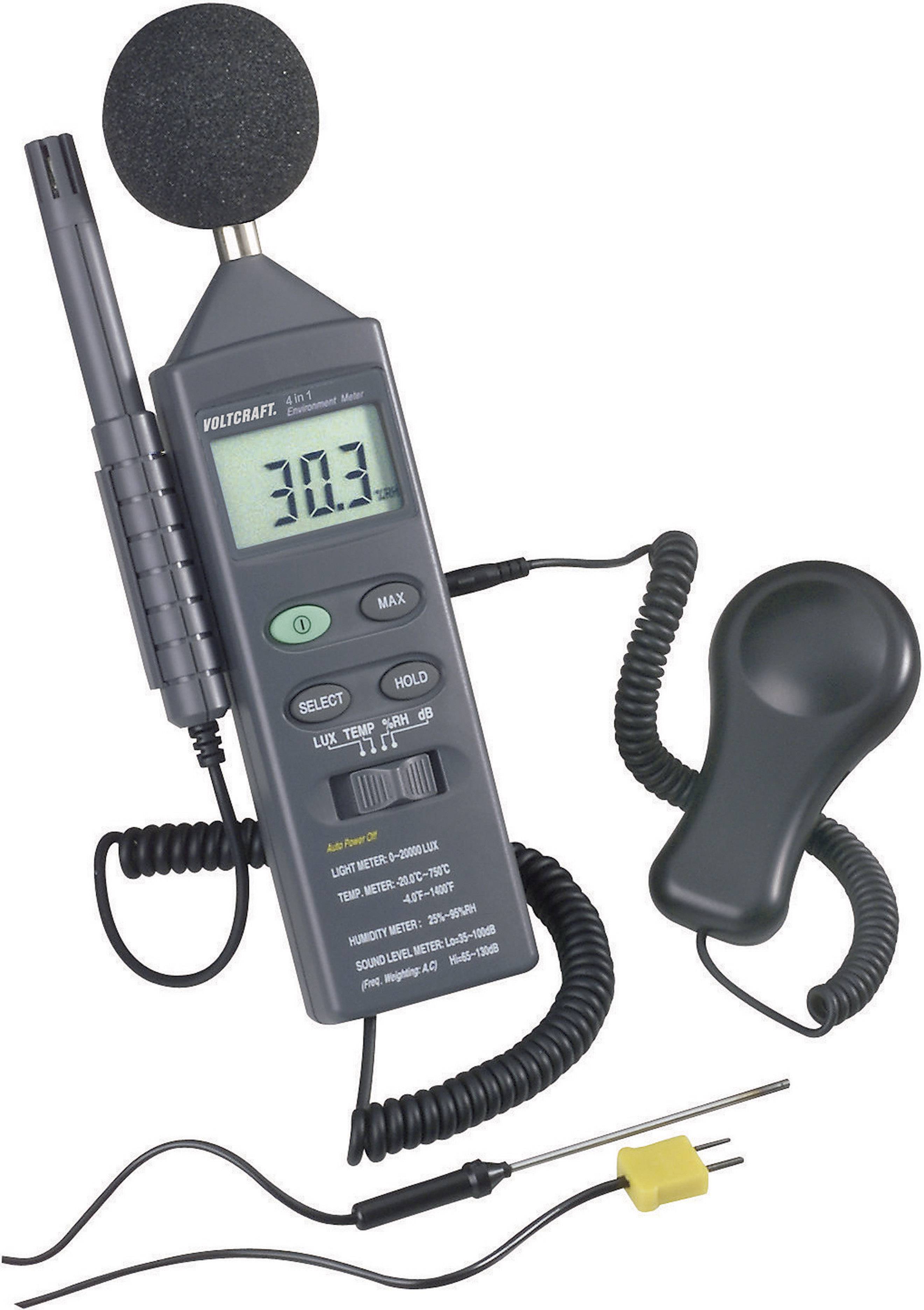 Ljudnivåmätare med stor display visar '30.3'. Den är utrustad med mikrofon, sonder, kablar och knappar för styrning.