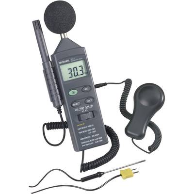 Ljudnivåmätare med stor display visar '30.3'. Den är utrustad med mikrofon, sonder, kablar och knappar för styrning.