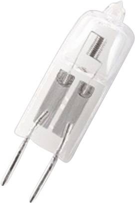 Liten halogenlampa med två metallstift på undersidan för elektrisk anslutning.