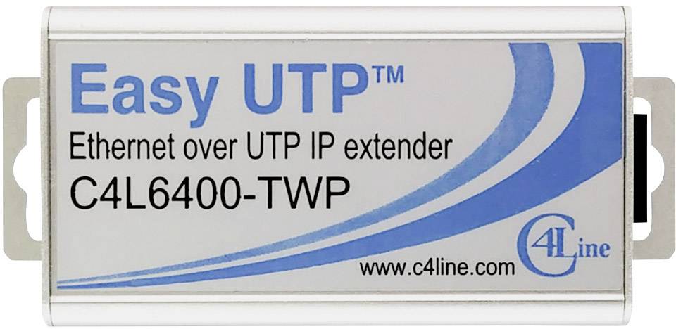 Metallapparat med påskriften 'Easy UTP Ethernet over UTP IP extender C4L6400-TWP'. Innehåller varumärkeslogotyp, lämplig för nätverkslösningar.