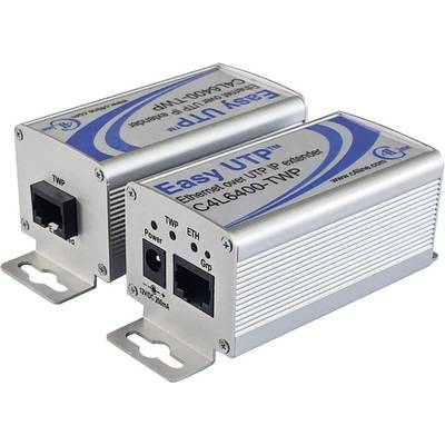 Två silverfärgade Ethernet-över-UTP-extendrar med blå märkning 'Easy UTP' och anslutningar för ström och Ethernet på en vit yta.