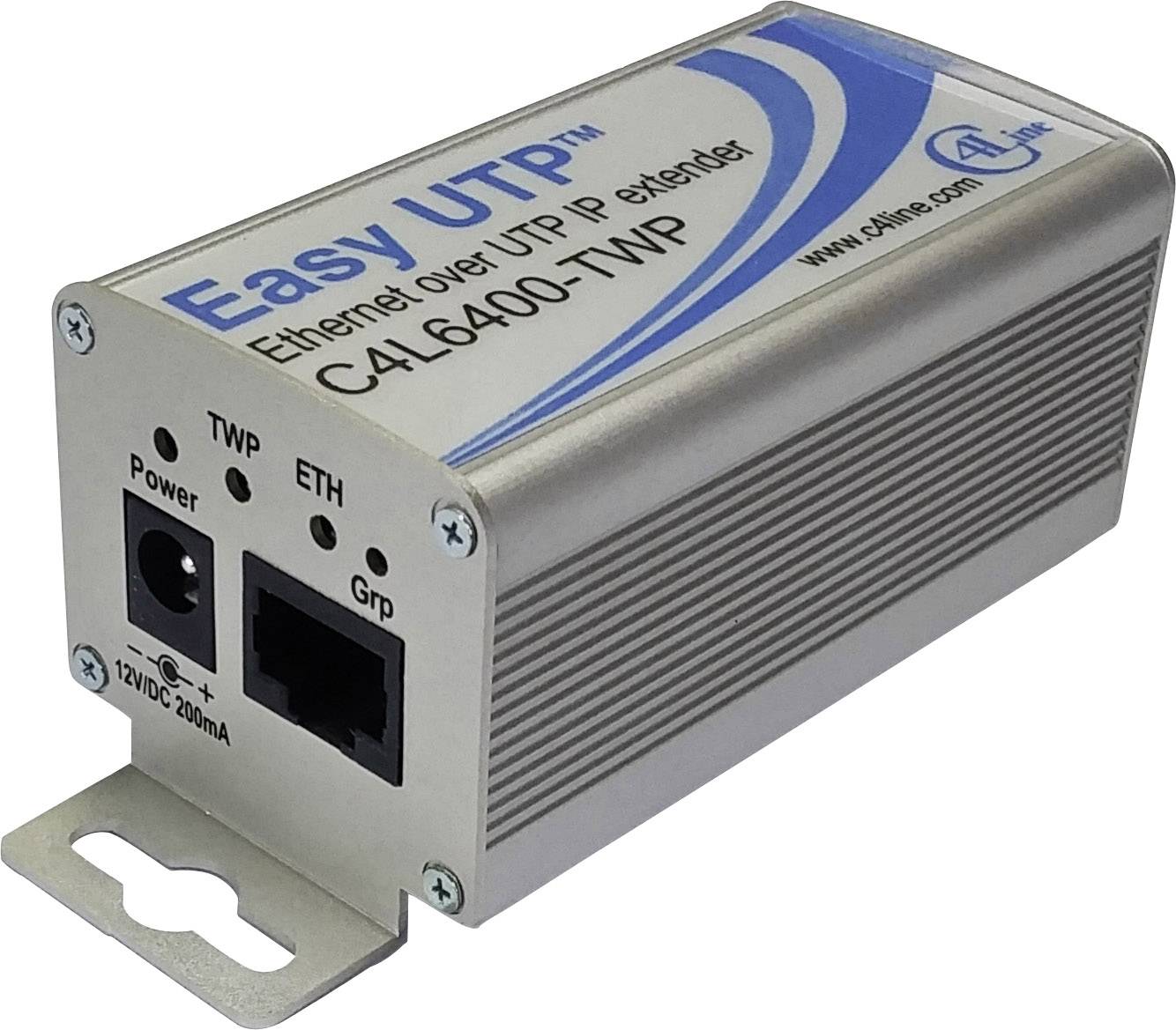 En silverfärgad Ethernet-extender märkt med 'Easy UTP' och 'C4I-6400-TWP', visar anslutningar för 'TWP' och 'ETH' samt en statuslampa.