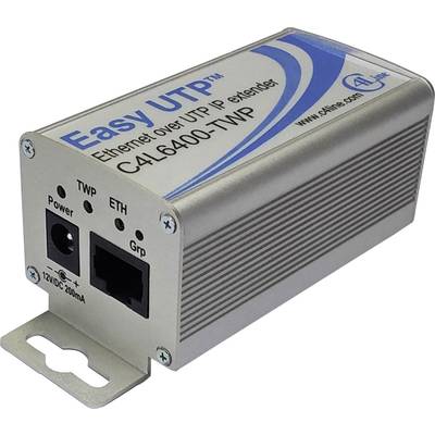 En silverfärgad Ethernet-extender märkt med 'Easy UTP' och 'C4I-6400-TWP', visar anslutningar för 'TWP' och 'ETH' samt en statuslampa.