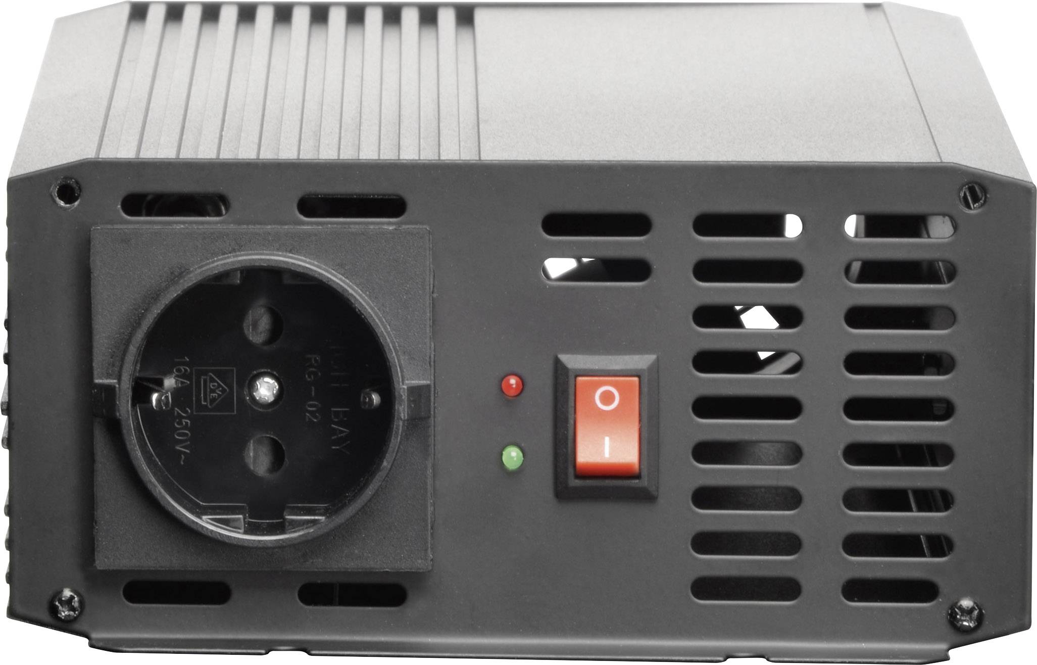 Svart elektrisk apparat med ett eluttag till vänster, två LED-indikatorer (röd och grön) och en röd på/av-knapp till höger.