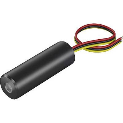 En cylindrisk, svart sensor med tre utstickande kablar i rött, gult och svart.