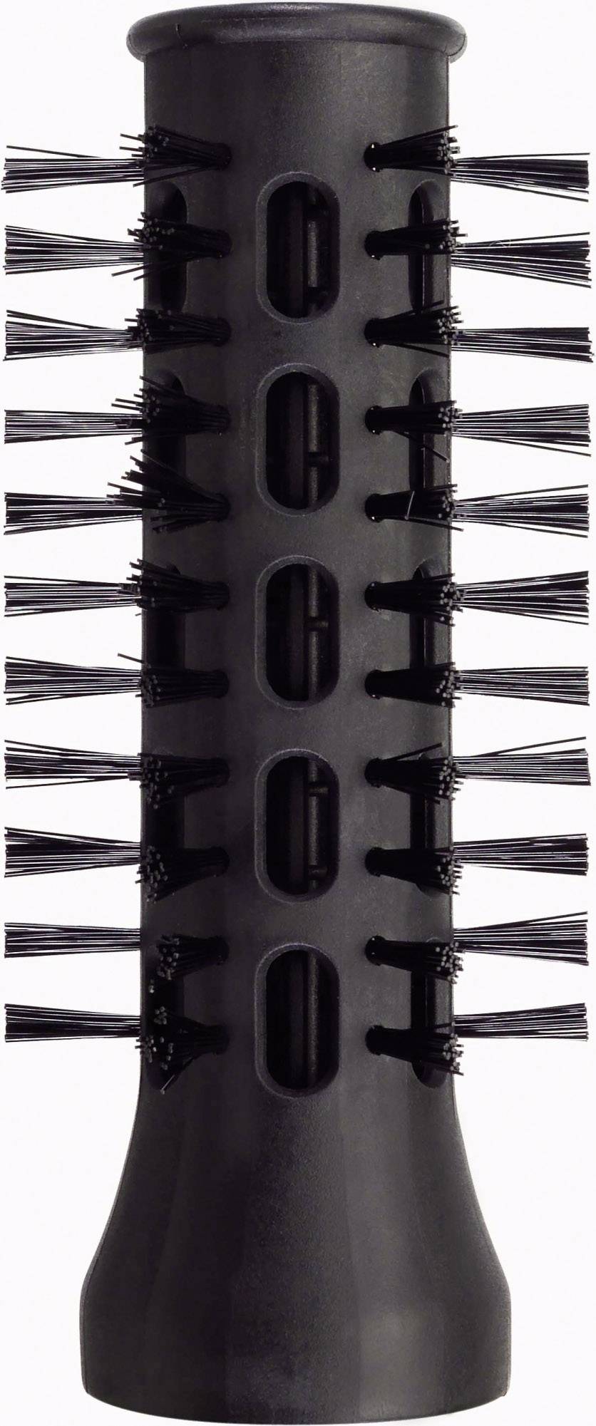 Svart, cylindrisk borste med borstrad längs sidorna; används för skötsel och rengöring.