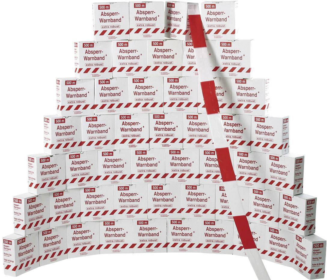 Staplade 'Avspärrningsband'-kartonger i pyramidform illustrerar barriärmaterial. En kartong visar ett öppnat rött och vitt band.