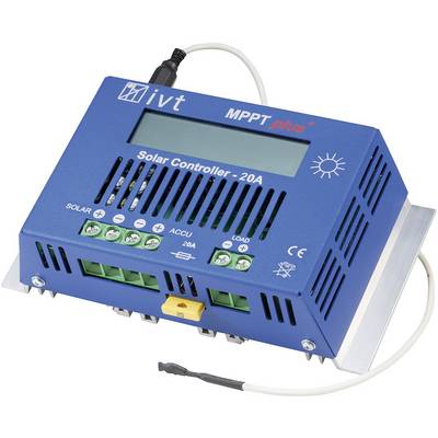 Blå MPPT solarladdningsregulator med LCD-display, visar anslutningsklämmor och symboler för solpanel, batteri och last. Maximal ström: 20A.
