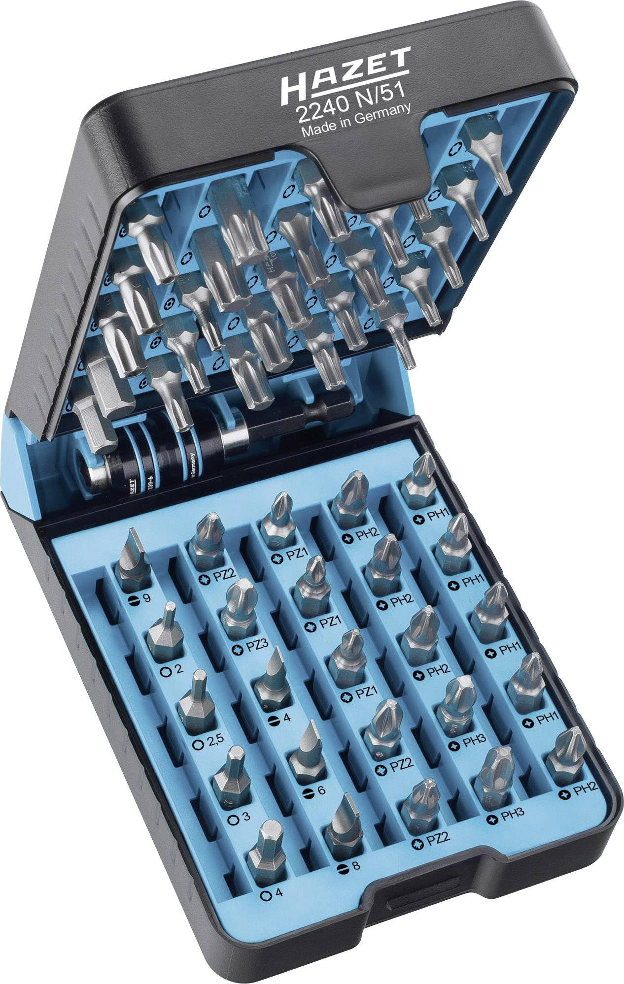 Ett öppnat set av skruvmejselbitsar i ett fodral som visar 'Hazet 2240 N/51 Made in Germany'. Innehåller olika bitsstorlekar.