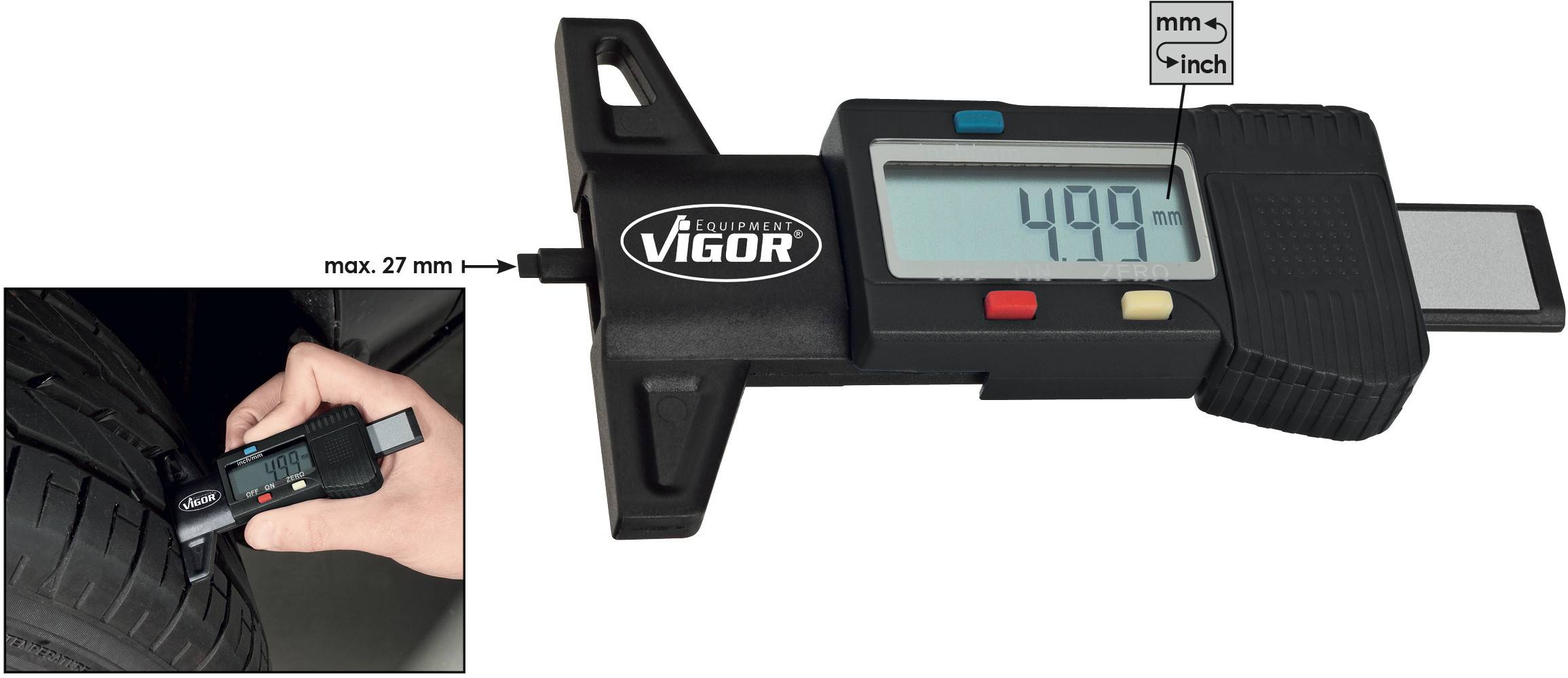 Digital däckmönsterdjupmätare visar '4.99'. Närbild av ett däck med mätinstrument. Visningsalternativ: mm och tum.