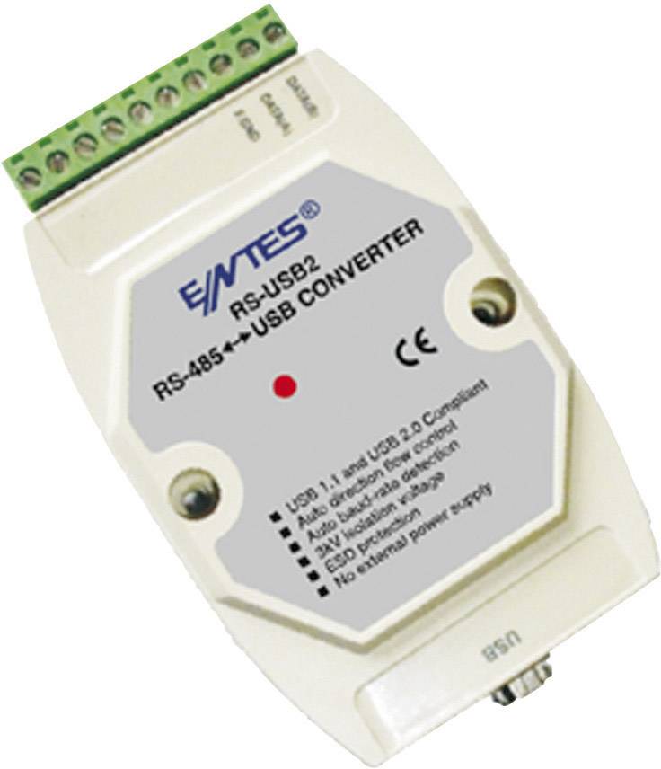 En RS-485 till USB-konverter från EIMTES. Den vita adaptern har flera anslutningsklämmor och tekniska specifikationer tryckt på sig.