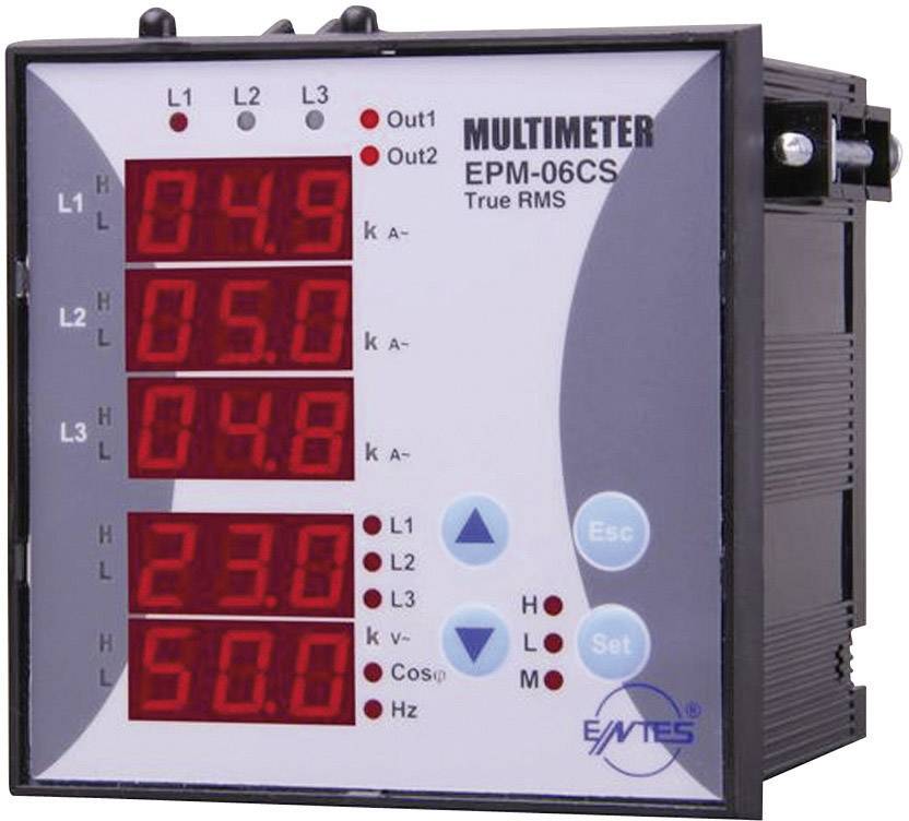 Multimeter med digital display som visar mätvärden för spänning och ström. Knappar för inställningar och två lägen 'Out1', 'Out2'.