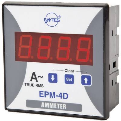 Digitalt amperemeter, modell EPM-4D, visar '0.00'. Röd LED-display, med knappar för 'Clear' och 'Set'. Effektivvärdet visas.