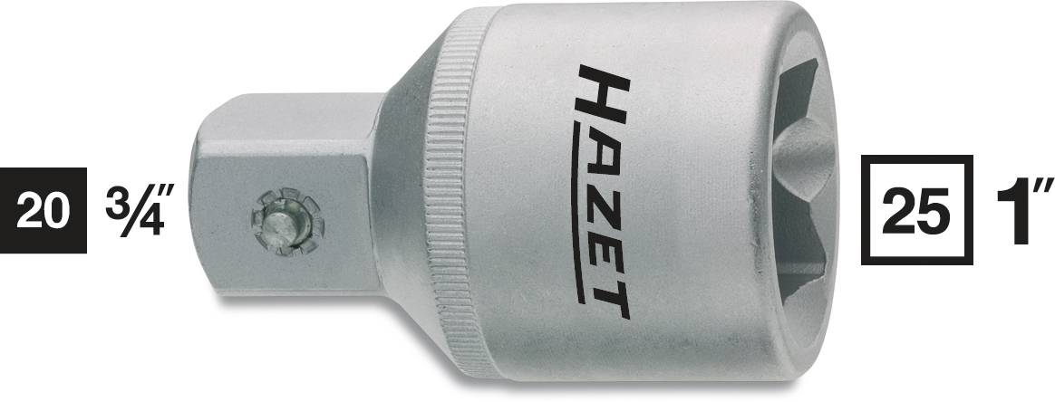 'HAZET-adapter, storlek 3/4 tum till 1 tum, silver metall, sidmärkt med logotyp.'