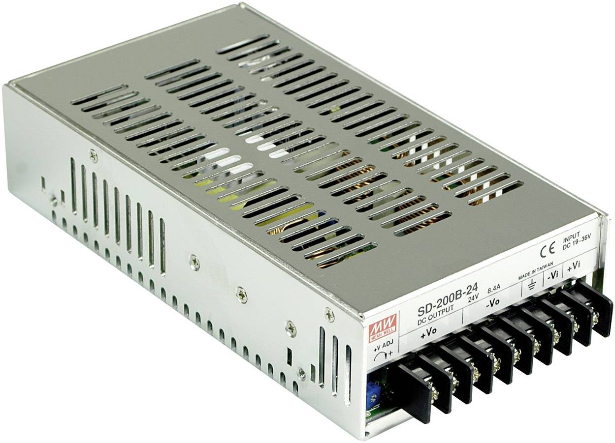 Silvergrå switchat nätaggregat med ventilationsöppningar och anslutningar på framsidan, modell 'SD-200B-24' från Mean Well.