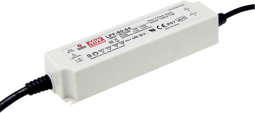 Ett rektangulärt nätaggregat med kablar i båda ändar; det visar tekniska specifikationer och symboler för elektrisk säkerhet.