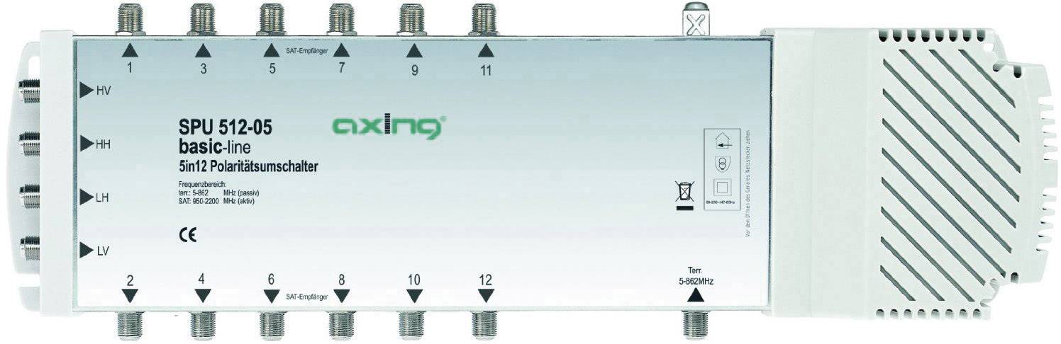 Satellit-multiswitch 'axing SPU 512-05' med 5 ingångar och 12 utgångar, lämplig för anslutning av flera satellitmottagare.
