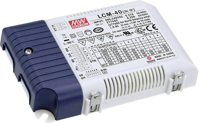 En LED-driver från MEAN WELL, modell LCM-40, med tekniska data och säkerhetscertifieringar på etiketten. Lämplig för 220-240V AC.