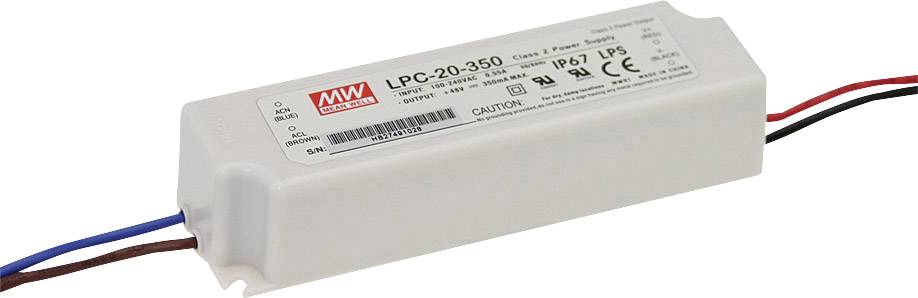 Ett vitt, rektangulärt LED-nätaggregat från Mean Well med modellnummer LPC-20-350. Anslutningsledningar är synliga på båda ändar.